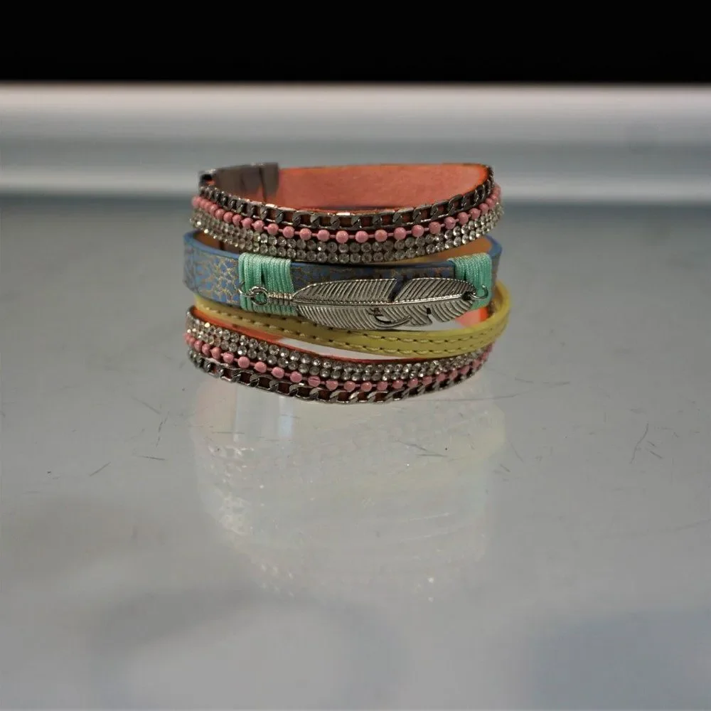 Feather Charm Faux Leather Wrap Bracelet Bling Multi Layer With Magnetic Clasp